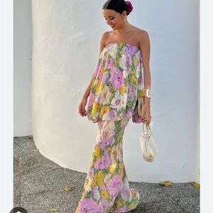 Zara Strapless Floral Maxi Dress in Pink, Yellow & Green